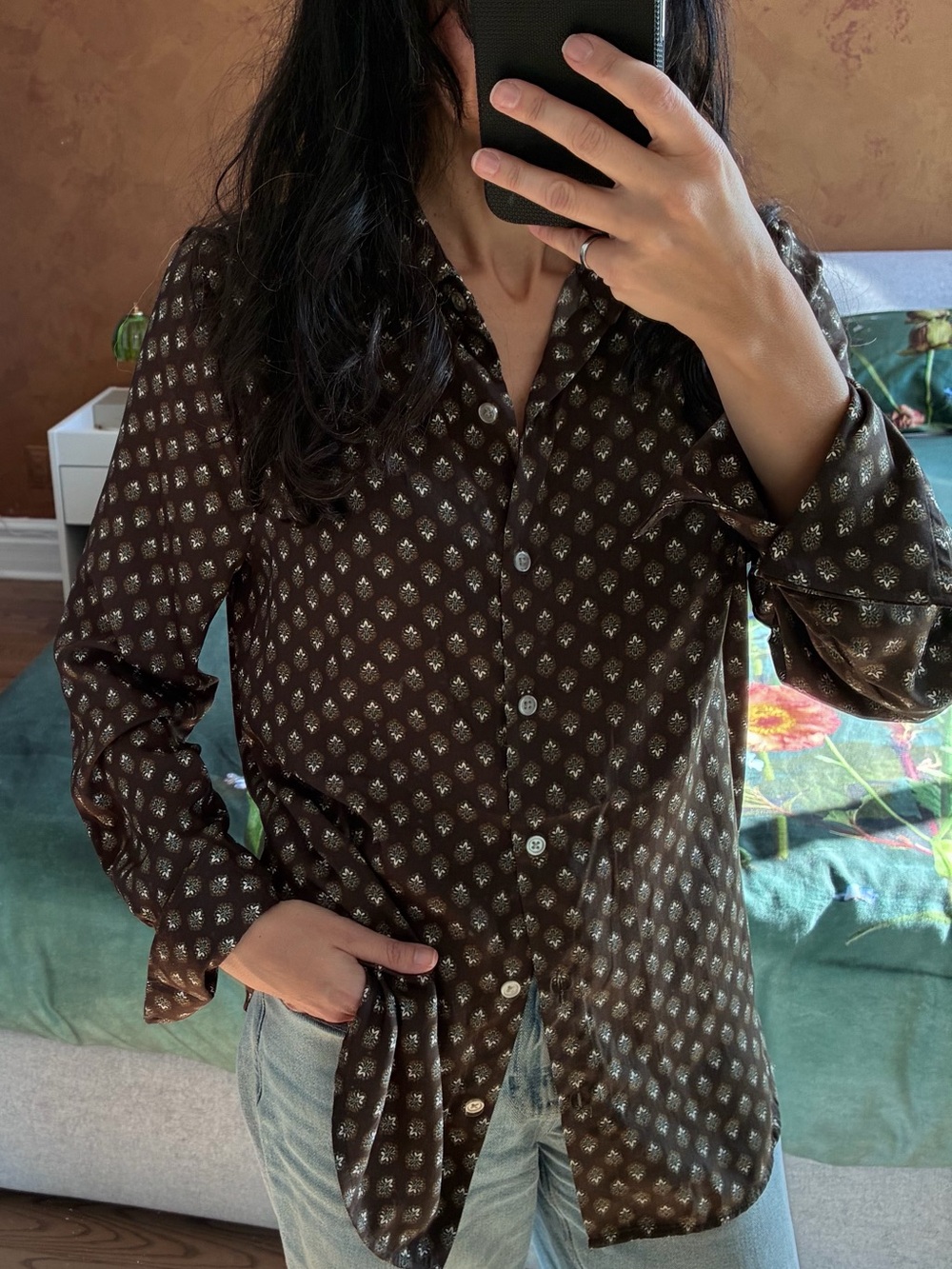 Satin-like soft Brown Printed Button-Up Women’s Shirt